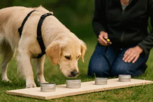 Hund trener neseaktivitet – fokusert søk etter lukt i metallboks